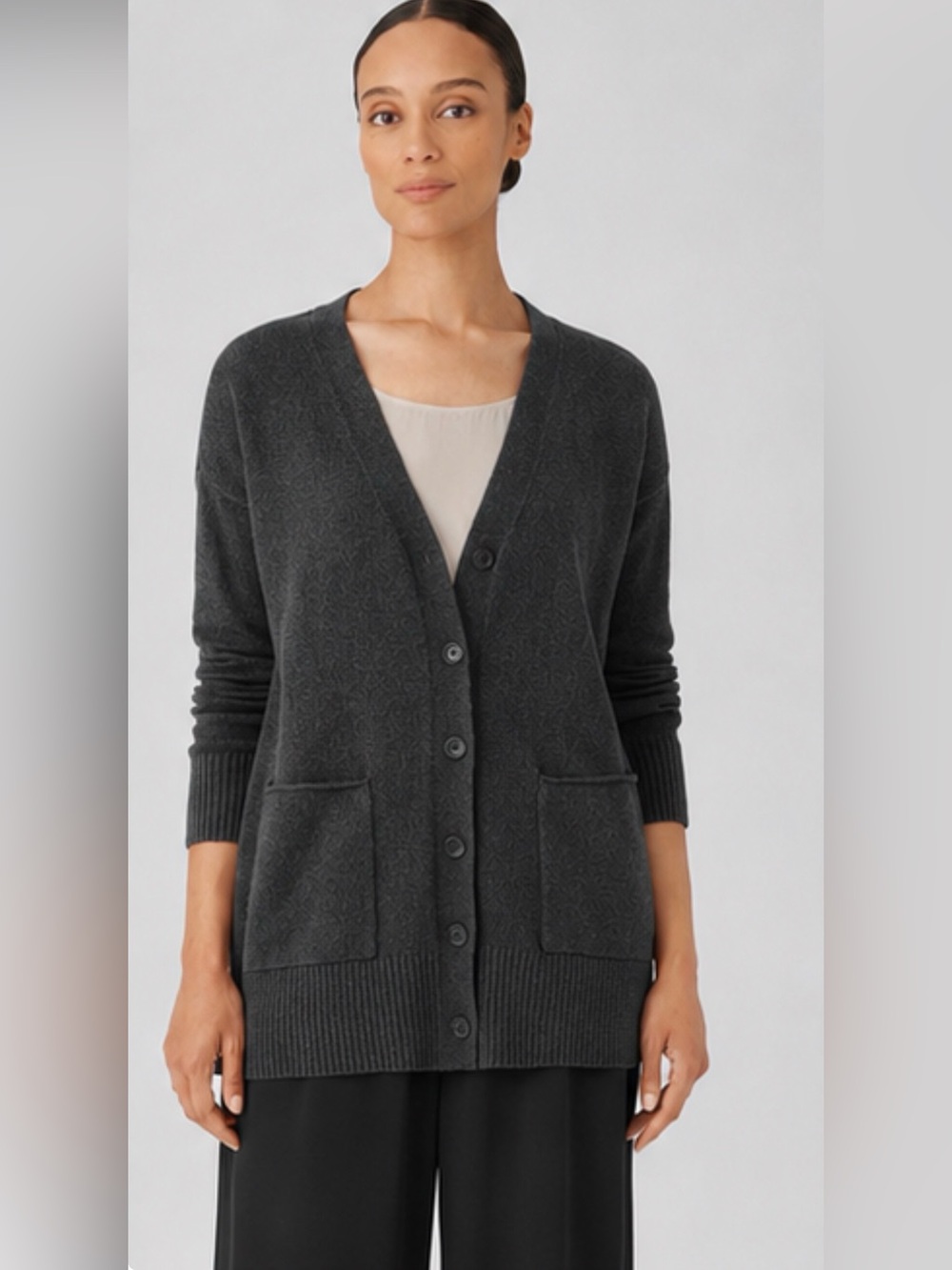 Eileen Fisher Cashmere Cotton V-Neck Cardigan Gray Medium Oversized
